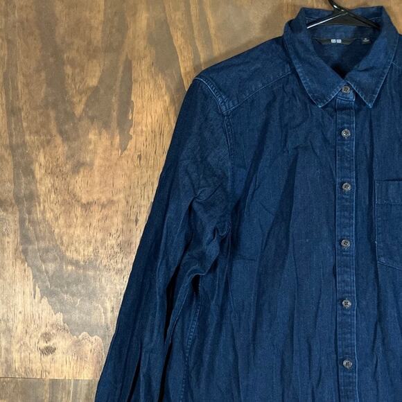 Uniqlo Mens Shirt Dark Blue Soft Denim Button Down Long Sleeve Medium - Picture 4 of 11